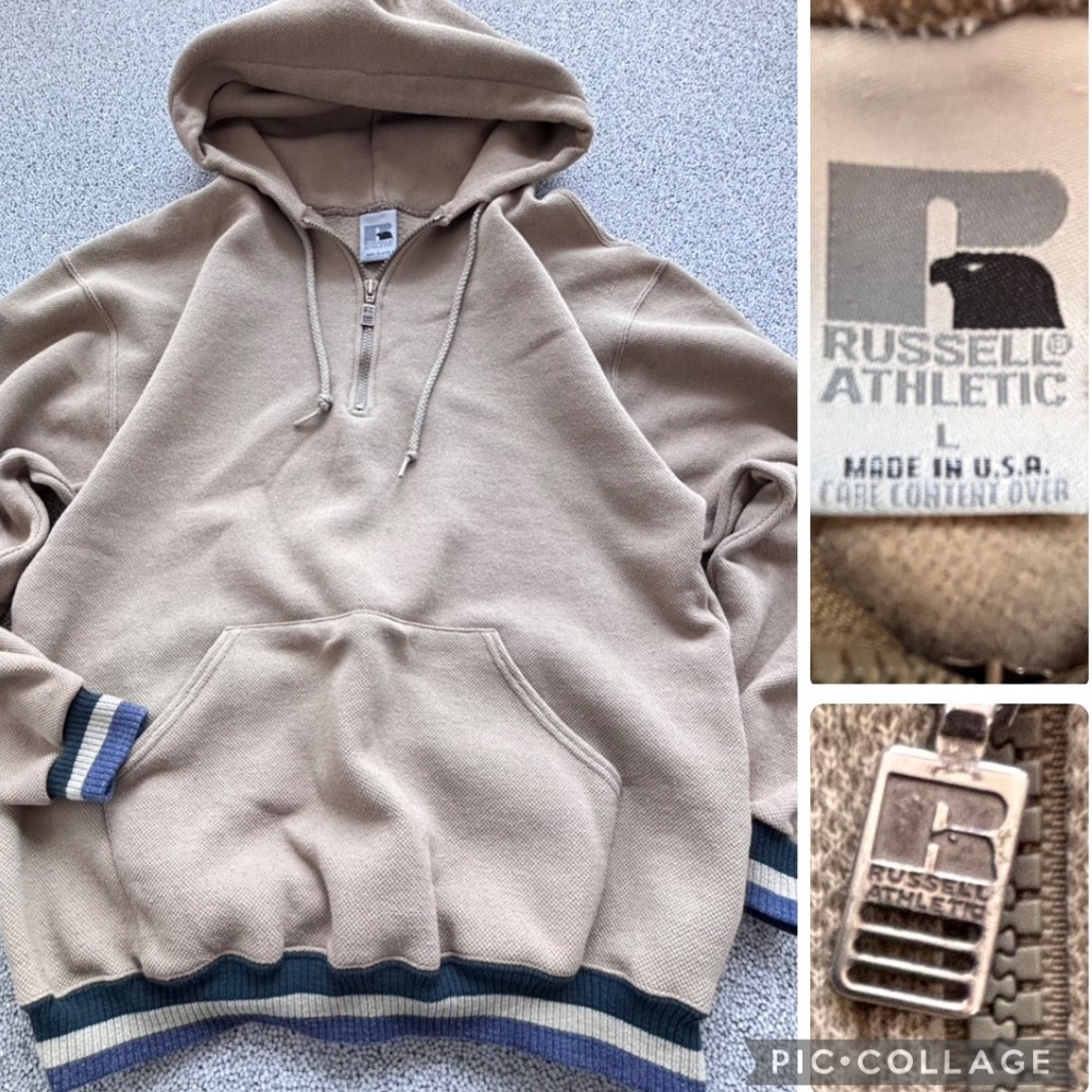 Russell 90's Tan Waffle Knit 1/4 Zip‎ Hoodie L USA Made Men's Boho Skater Retro